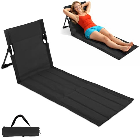 Strandmatte Klappbar mit Rückenlehne - 108x40,5x41CM Premium Strandmatte, Strandliege Sonnenliege Gartenliege Sonnenmatte Liegematte, für Garten Camping Picknick Reise Urlaub Strand & Pool, Schwarz