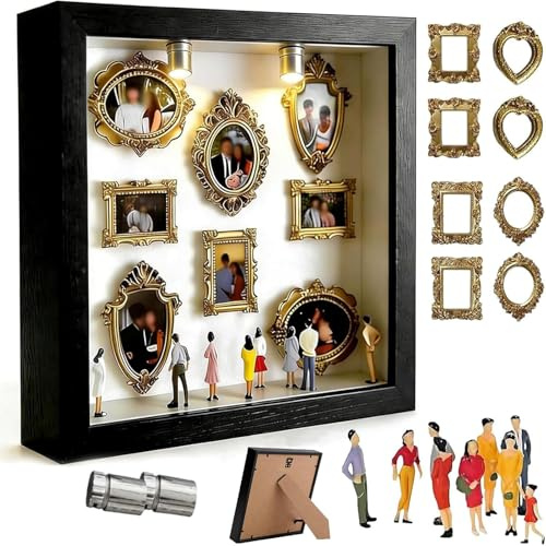 DIY Mini Museum Bilderrahmen, DIY Mini Museum Silhouette Box, Fotospeicher Bilderrahmens, mit 8 Mini Goldene Rahmen & 8 Figuren, für Jahrestag, Hochzeit, Heimdekoration