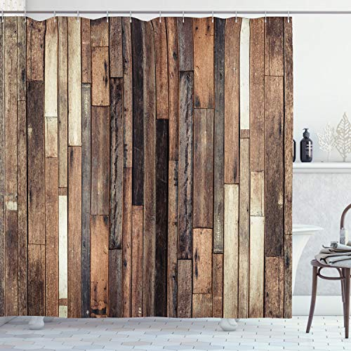 ABAKUHAUS di legno Tenda da Doccia, Old Floor Stile Rustico, Tessuto Set di Decorazioni per il Bagno con Ganci, per la vasca da bagno, 175 cm x 200 cm, Marrone