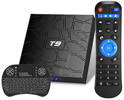 Android TV Box, T9 Android 9.0 TV Box con Mini Teclado inalámbrico 4GB RAM 32GB ROM RK3318 BT4.0 Procesador Quad-Core Cortex-A53 2.4/5.0GHz WiFi Compatible con HD4K H.265 Smart TV Box
