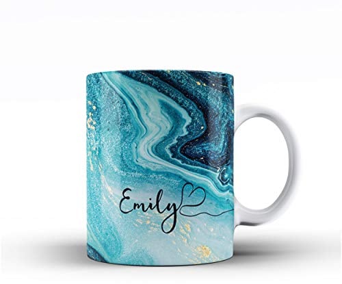 Personalised Marble Glitter Flowing Name with Heart Ceramic Mug - 3. Turquoise Sparkle Swirl Name