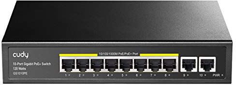 Cudy Interruttore 10-Port Gigabit Poe +, 2 Porte Gigabit uplink, 8 Gigabit Poe/Poe + Porte (Fino a 32 W ciascuno), CCTV/Supporto modalità VLAN, 802.3af / a, 120W, GS1010P