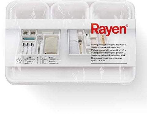 Rayen | Plateau pour l’Organisation des tiroirs | Pack de 8 unités | Base antidérapante | Adaptable à n’Importe Quel tiroir | Combinaisons Multiples | Blanc