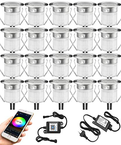 20er Led Bodeneinbauleuchten Aussen RGB Bluetooth, Ø30mm 12V Bodeneinbaustrahler Mini, 0.5W IP67 Wasserdicht Einbaustrahler Außen Led Terassenbeleuchtung Bodenspots für Terrasse Garten Küche