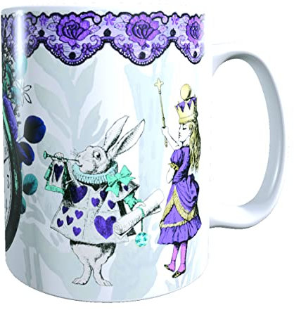 Gothic Style Alice in Wonderland Wrap Around11oz Ceramic Coffee Mug. Alice, White Rabbit, Queen of Hearts