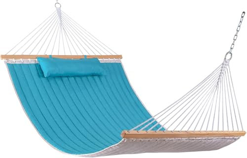 Lazy Daze Hammocks Gesteppte Stoff-Hängematte mit Spreizstange, 2 Personen, Doppelhängematte mit Kissen und Ketten, Hängematte für Draußen, Terrasse, Pool, Hinterhof, Strand, 204 kg Kapazität (blau)