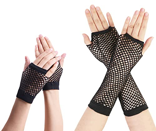 AZWOOD Fischnetz Handschuhe, 2 Paare Lang und Kurz Netz Mesh Handschuhe, Schwarz Fingerlose Netzhandschuhe - Damen Abendhandschuhe für Verkleidung Kostüm Party Lieferungen