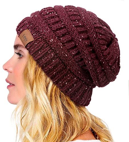 Wintermütze mit Satin-Innenfutter für Damen und Herren, warm, übergroß, lässig, gestrickt, mit Satin-Seidenfutter für natürliches Haar, Weinrot, Einheitsgr��e