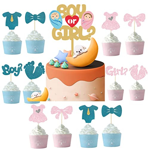Jungen oder Mädchen Tortendeko, Boy or Girl Kuchen Deko, Jungen oder Mädchen Cake Topper, Gender Reveal Cupcake Topper Kuchen Dekoration für Baby Shower Torte Deko Gender Revelation Party