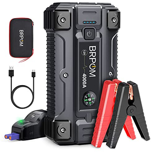 BRPOM Arrancador de Coches Portátil 5000A, Arrancador de Baterias de Coches(para Todo Gasolina o 10L de Diésel), 12V de Baterias con Cables Inteligentes, Salida QC3.0, Espera Larga