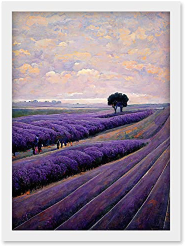 Doppelganger33 LTD Lone Tree In A Field Of Purple Lavender Flowers Artwork Framed Wall Art Print A4