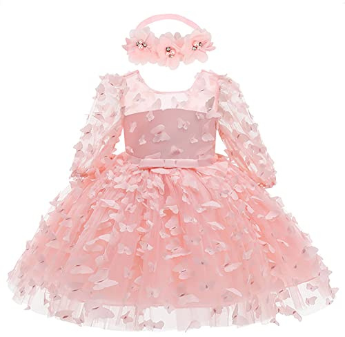 Odizli Taufkleid Baby Mädchen Langarm 3D Schmetterling Prinzessin Tutu Tüllkleid+Blume Stirnband Geburtstag Outfit Fotoshooting