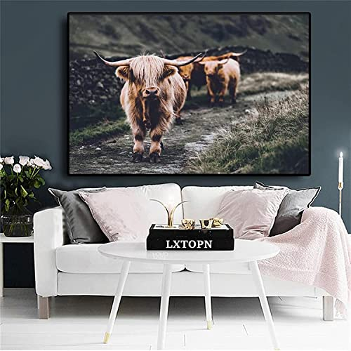LXTOPN Nordic Highland Cow Bilder,Hochlandrind Bild Druck auf Leinwand Schottisches Hochland kuh Gemälde,Modern Hochlandrind Wandbilder Poster Wohnzimmer Deko,Kein Rahme. (80x120cm)
