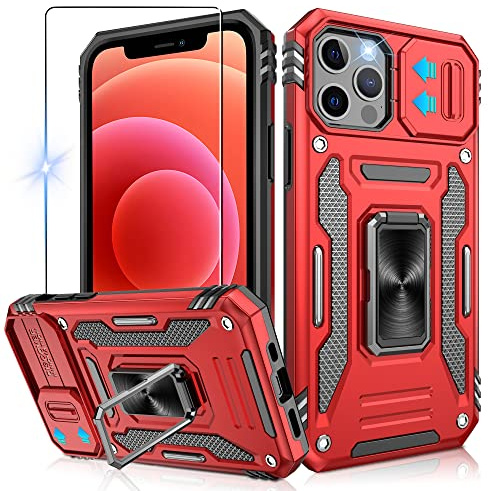 Jshru for iPhone 12/12 Pro Case with Slide Camera Cover [Upgrade],Military Grade Shockproof,Ring Kickstand, Anti-Scratch Armour Phone Cover for iPhone 12/12 Pro,Red