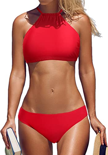 CharmLeaks Womens Bikini Sets Halter Neck 2 Piece Bathing Suit Red M