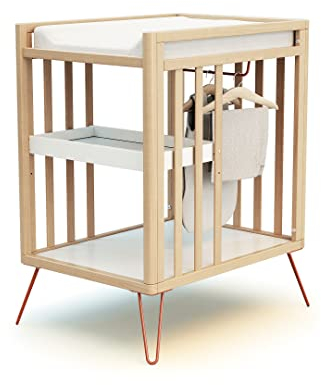 JURABABY – Wickeltisch aus Holz mit 2 Ablagen, NUR Terrakotta| 76 x 56 x 94 cm | Mit Tablett, Regal und Garderobe | Kompakt | Stabil mit Stahlbeinen
