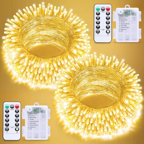 JMEXSUSS 2 Stück Lichterkette Außen Batterie, 10M 200LED Warmweiß IP44 Wasserdicht mit 8 Modi Für Innen und Außen, Weihnachtsdeko, Garten, Balkon