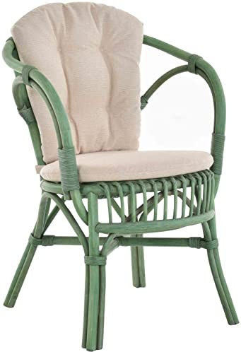 Klassischer Flecht-Sessel im skandinavischem Stil/Korb-Stuhl aus Natur-Rattan (Grün mit Kissen)