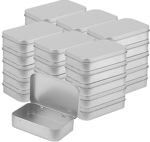 KEILEOHO 30 PCS Small Hinged Tin Box, 94x61x20mm Rectangular Metal Storage Tins for Candies Key, Silver