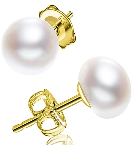 Boucles d'oreilles en perles d'eau douce en argent sterling 925 pour femme 6/8/10/11 mm Bouton blanc Perles d'eau douce, 8 mm, Argent sterling, or jaune