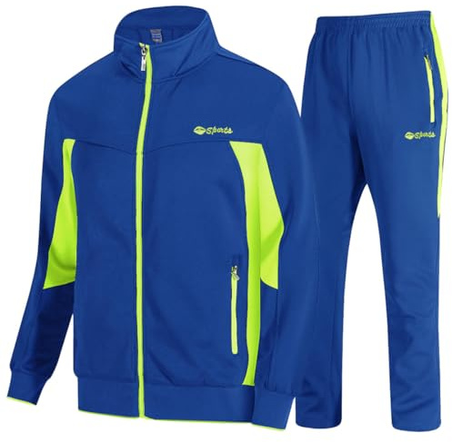 TBMPOY Herren-Trainingsanzüge, Sweatanzüge für Herren, 2-teilig, lässig, athletisch, Joggen, Aufwärmen, durchgehender Reißverschluss, 03 Königsblau + Grün, 4X-Large