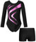 YiZYiF Mädchen Turnanzug Langarm Metallic-Kurvenmuster Trikot Gymnastik Shorts Set Kinder Ballett Tanzoutfit Wettbewerb Trainingsanzug Rosa 158-164
