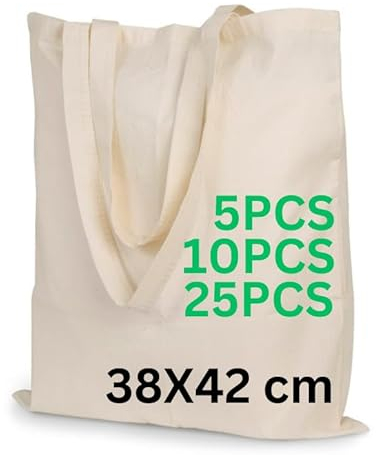 Enviroflex Bolsas de Asas Premium de Lona 100% Algodón, Bolsas de Compra Sostenibles, Ecológicas y Reutilizables con Asas Largas, 38x42 cm (Paquete de 10, Natural)