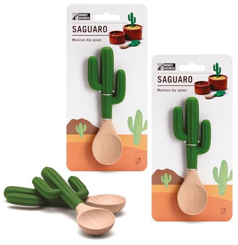 Monkey Business: Set di cucchiaio da portata Saguaro, 2 pezzi: cucchiai a forma di cactus per guacamole, salsa e salse messicane, in silicone e legno