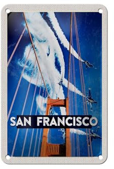 FEMER Blechschild Reise 12x18cm San Francisco Brücke Flugzeug Himmel Schild