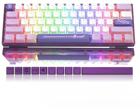 LQXQ WK61 60% Mechanical Keyboard, Purple RGB LED Gaming Keyboard Hot-Swappable with PBT Pudding Keys for Players/PC/Win - Red Linear Switch