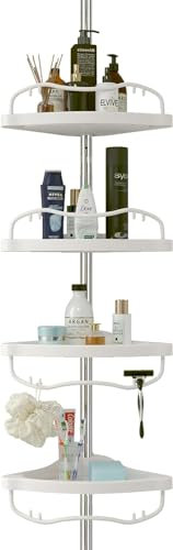 OLLIDOT Shower Organizer Caddy, 99-317 cm Home Decor Organization and Storage Bathroom Corner Plastic Shelves Rack Countertop Adjustable with Tension Metal Poles, Silver