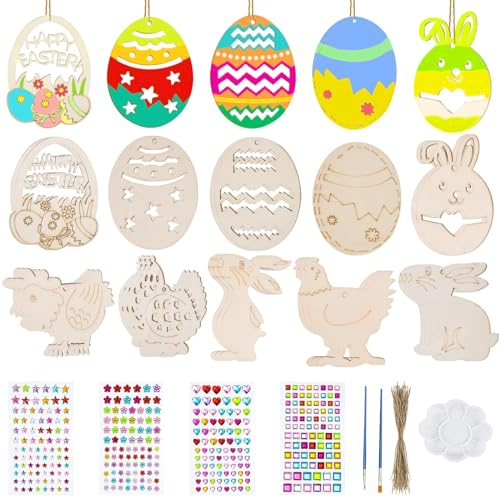 FGen 116PCS DIY Ostern Bastelset Kinder,Ostern Basteln Set Für Kinder, Osteranhänger Holz,DIY Ostern Deko,Buntes Holz-Ei-Hasen-Küken Mit Pinsel Und Diamanten, Bunt