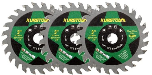 KURSTOL TCT Wood Cutting Disc - 3 x 75mm 24T Carbide Cutting Wheel for Wood Plastic, Bore 10mm for Mini Angle Grinder