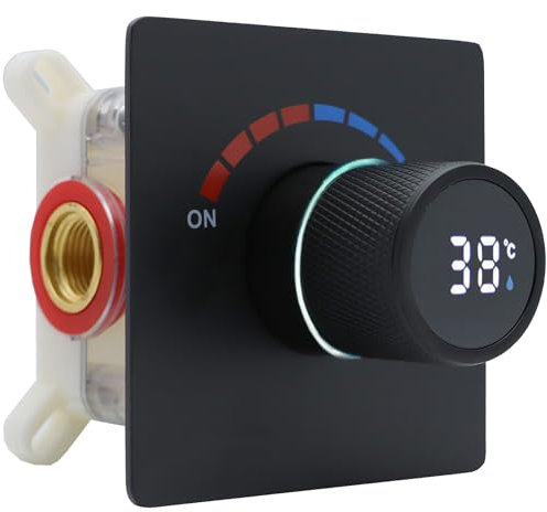 Delnet Shower Mixer Valve, Concealed LED Digital Display Diverter Valve, Solid Brass, Black