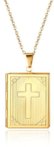 JewelryWe Quadratisch Foto Medaillon Halskette: Gold Edelstahl Kreuz Quadrat Book Buch Photo Bilder Amulett zum Öffnen Anhänger Kette mit Gravur für Damen Herren