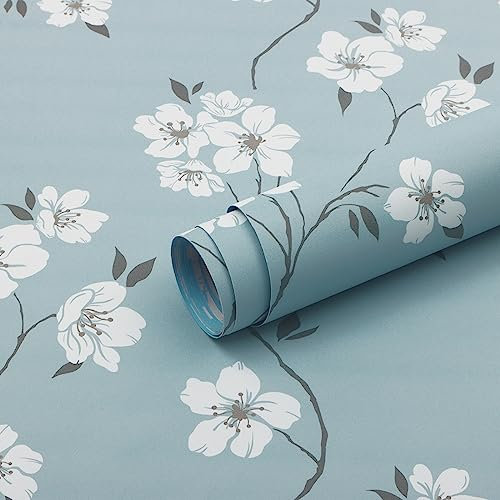 Timeet Tapete Blau und Weiß Selbstklebende Tapete Blumen Klebefolie Möbel Blumig Muster Möbelfolie Selbstklebend 39x1000cm Möbelaufkleber Wasserfest Vinyl Folie für Möbel Schrank Wohnzimmer
