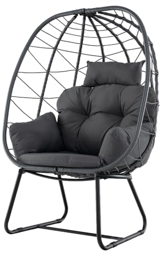 COSTWAY Fauteuil Oeuf sur Pieds avec Support en Métal, Hamac Balançoire sur Pied en Rotin PE avec Coussin Épais et Appui-Tête, Chaise Hamac pour l'Intérieur et l'Extérieur, Charge 150 KG (Gris)