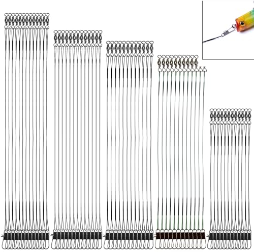 60 Pcs Fishing Wire Trace, Leaders Lure Wire Trace, Wire Traces Pike Fishing, Fishing Leaders with Swivels, 10/15/20/25/30cm Fish Line Stainless Steel Wire for Lures Bait Rig Hooks Fishing