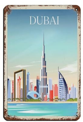 DHWDPO Dubai Vintage-Retro-Reiseposter, Blechschild, Vintage, Metall, Pub, Club, Café, Bar, Zuhause, Wandkunst, Dekoration, Poster, Retro, 20 x 30 cm