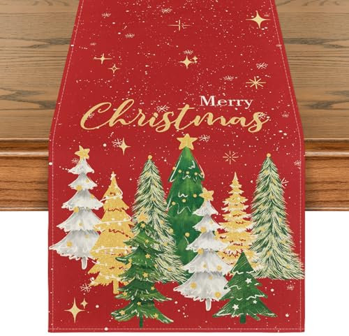 Artoid Mode Rot Bäume Sterne Merry Christmas Weihnachten Tischläufer, Winter Küche Tisch Dekoration Urlaub Party Dekor 40x180 cm