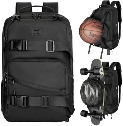 WOLT Skateboard-Rucksack, 15,6 Zoll Laptop-Rucksack für Herren und Damen, Sportrucksack mit Ballhalter