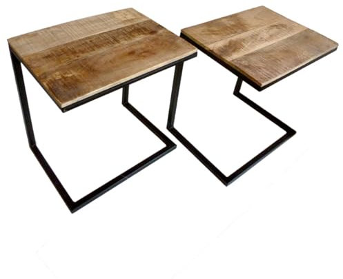 Amago home Beistelltisch Holz massiv Sofa Tisch Metall Laptoptisch C-Tisch Couchtisch Industry Style Farbe Atlanta 40x30cm Tabacco schwarz