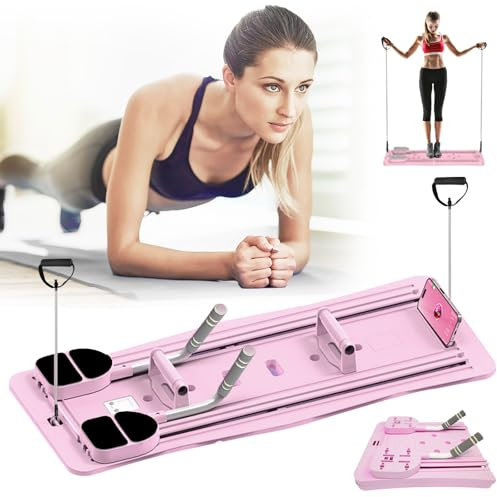 Pilates Reformer Board, Faltbares Reformer für Pilates Multifunktionales Fitness-Board Pilates Brett Pilates Reformer Set Mit LED Zähler Auto Rebound Verstellbarer Griff Übungsbrett Rosa