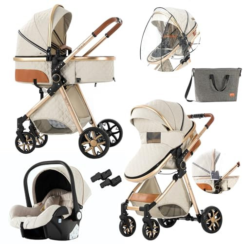 Doraystar Kinderwagen 3 in 1, Kombikinderwagen 3 in 1 mit Zwei Umkehrbaren Schiebemodi, Kinderwagen Set mit Ein-Klick-Faltdesign, Kinderwagen Komplettset Rahmen Aluminiumlegierung (V9 Creamy White)