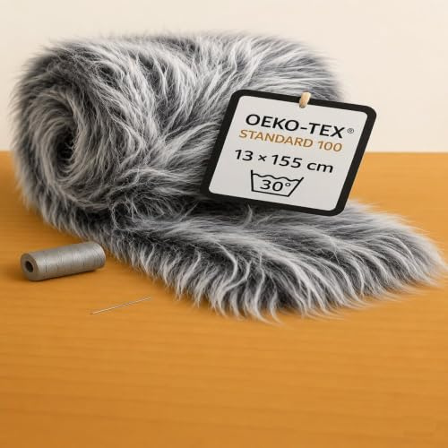 StoffBook weiß/grau oeko-tex Flokati Fellstoff, Langhaar Fellborte & Fellreste zum Basteln, Fellbänder, Teddyplüsch, Plüschstoff für DIY, Dekoration Accessoires Stoff, d412