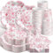 Newtay 250 Pcs Pink Floral Disposable Plates and Napkins Pink and White Floral Tableware Set for 50 Guests Disposable Paper Plates Napkins Cups for Wedding Bridal Shower Party Supplies