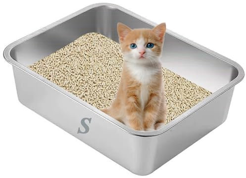 Suhaco Stainless Steel Cat Litter Tray 45 x 35 x 10cm High Sided Litter Box Kitten Litter Trays for Rabbits & Small Cats Litter Boxes