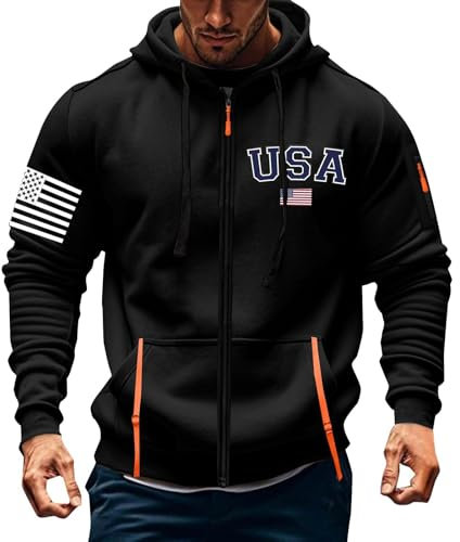 USA Flagge Hoodie Herren Oversized Kapuzenpullover Herren Große Größen Sweatshirt Herren Schwarz Herren Pullover Langarm Winterjacke Tasche (A06-Black, XXL)