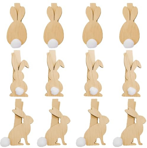 12 Stück Osterhasen Deko Holzklammern Mit Hasenmotiv Easter Decoration - Zum Dekorieren Von Osternestern, Geschenken, Karten Und Mehr - Für Kinder Und Erwachsene - Wiederverwendbare Tischdeko Ostern