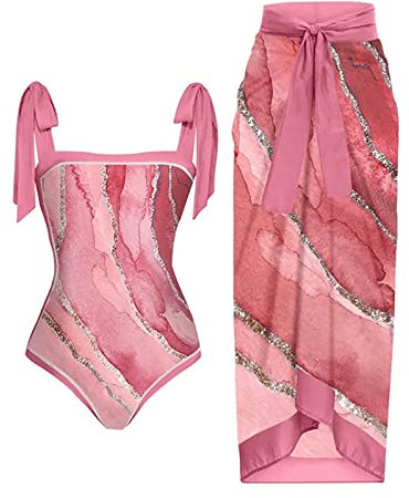 Boho Style Bunte Tücher Einteiler Damen Women's Split Badeanzug Set Loop Schal Damen Shaping Body Damen Wickelkleid Bauchweg Tankini Rosa XXL